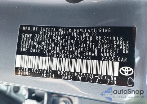 2023 Toyota Corolla Le z USA, uszkodzony, nr VIN 5YFB4MDE1PP074750